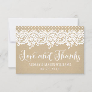 Love and Thanks Rustic Kraft and Lace Wedding Thank You Card