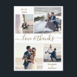 Love and Thanks Script 4 Photo Wedding Thank You  Postcard<br><div class="desc">Elegant, modern, minimalist gold and white "Love and Thanks" script 4 photo collage personalised wedding thank you postcard. Stylish wedding thank you card template featuring (4) photo on the front and one (1) photo on the back side. With the text "Love and thanks" in a cursive hand lettered typography swash-tail...</div>