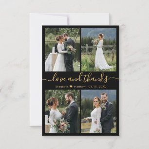 Love and Thanks Script Black Gold Collage Wedding Thank You Card