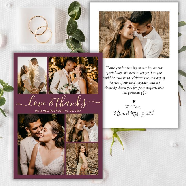 Love and Thanks Script Bordo Photo Collage Wedding Thank You Card (Creator Uploaded)