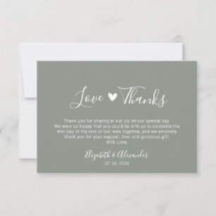 Love and Thanks Script Earthy Sage Green Wedding Thank You Card