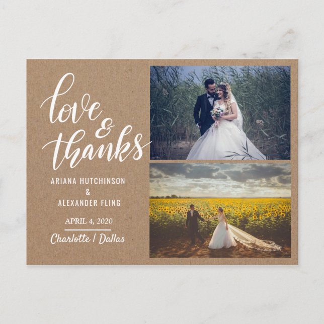 Love And Thanks Script Kraft Paper Wedding Photo Postcard (Front)