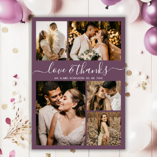 Love and Thanks Script Mauve Photo Collage Wedding Thank You Card