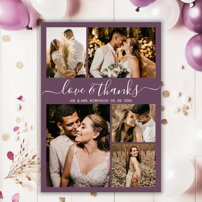 Love and Thanks Script Mauve Photo Collage Wedding Thank You Card (Creator Uploaded)