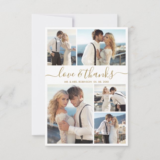 Love and Thanks Script Photo Collage Wedding Thank Thank You Card (Front)