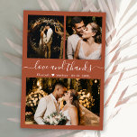 Love and Thanks Script Terracotta Wedding Thank You Card<br><div class="desc">Elegant, Modern Terracotta Hand Lettered Photo Collage Wedding Thank You Card. Stylish wedding thank you card template featuring three photo on the front and one photo on the back. With the text "Love and thanks" in a swirly hand lettered typography script font on earthy terracotta, rust burnt orange background. Personalise...</div>