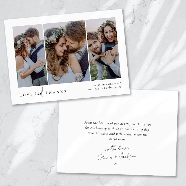 Love and Thanks Script Triptych Photo Wedding Thank You Card (Creator Uploaded)