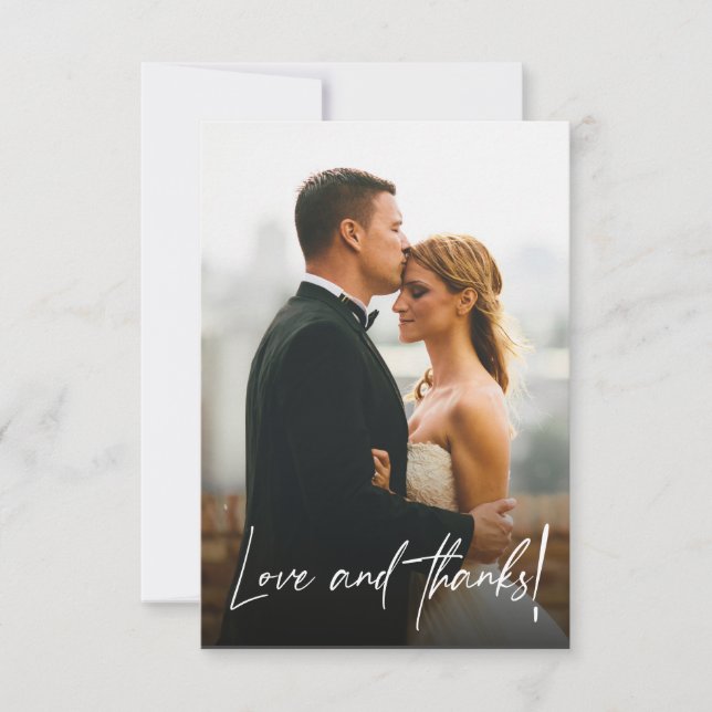 Love and thanks script wedding photo thank you card (Front)
