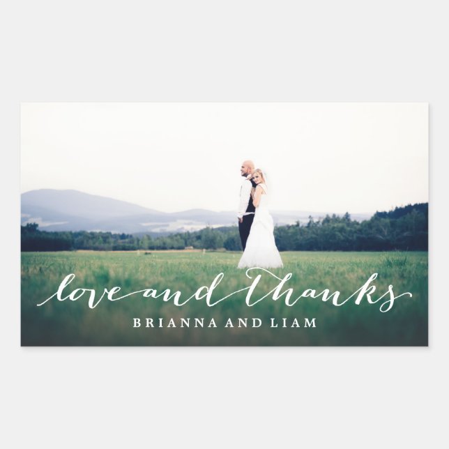 Love and Thanks Simple Script Full Bleed Photo Rectangular Sticker (Front)
