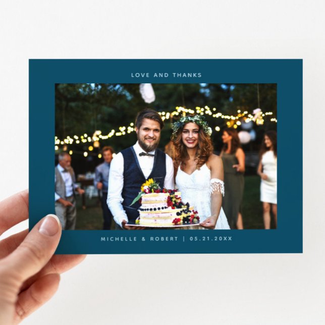 Love and Thanks Simple Wedding Photo Teal Thank You Card (Creator Uploaded)