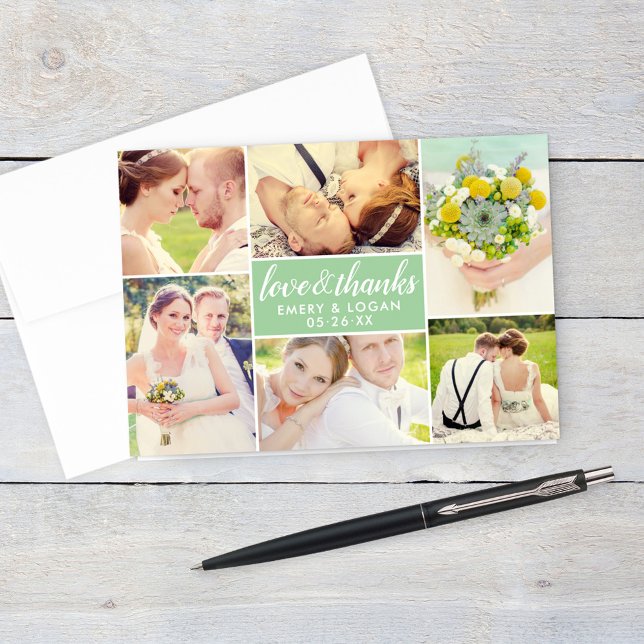 Love and Thanks Spring Green Wedding Photo Collage Thank You Card (Creator Uploaded)
