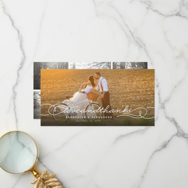 Love And Thanks Stylish Script Multi Photo Wedding Thank You Card (Front/Back In Situ)