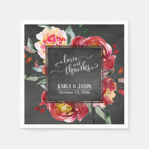 Love and Thanks Typography Red Flowers Chalkboard Napkin