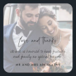 Love and Thanks Wedding Photo Favour Square Sticker<br><div class="desc">Customise these wedding favour thank you stickers with your favourite photograph,  your message and names.  Your photo is faded behind the text so it makes your message easier to read.</div>