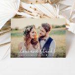 Love and Thanks | Wedding Photo Thank You Card<br><div class="desc">Stylish "love and thanks" wedding thank you note card in a folded format features a wedding portrait on the front with white text overlay design. Personalise the custom monogram and thank you message on the inside.</div>