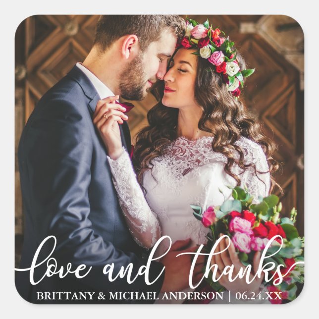 Love and Thanks Wedding Thank You Photo Square Sticker (Front)