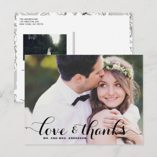 Love and Thanks Whimsical Script Photo Wedding Postcard