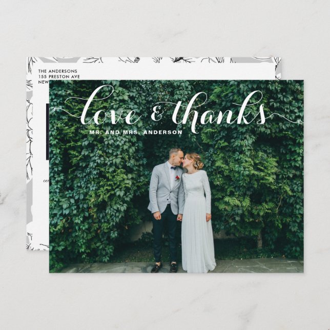 Love and Thanks Whimsical Script Photo Wedding Postcard (Front/Back)