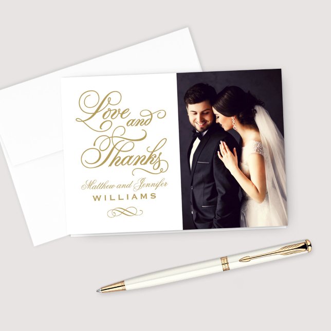 Love and Thanks White Antique Gold Wedding Photo Thank You Card (Creator Uploaded)