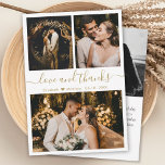 Love and Thanks White Gold Wedding Thank You<br><div class="desc">Elegant, Modern White and Gold Hand Lettered Wedding Photo Collage Thank You Card. Stylish wedding thank you card template featuring three photo on the front and one photo on the back. With the text "Love and thanks" in a swirly hand lettered typography script font in gold colour on white background....</div>