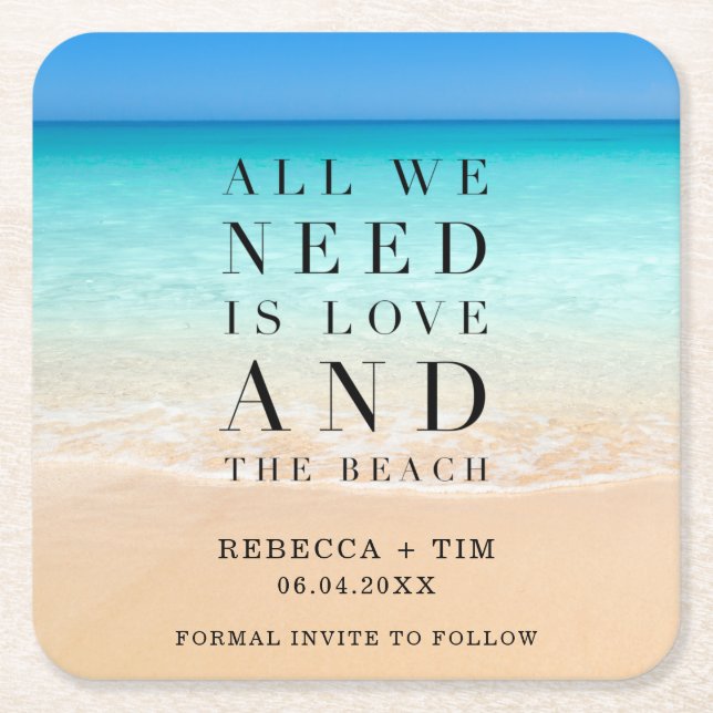 Love and the Beach Wedding Save the Date Square Paper Coaster (Front)