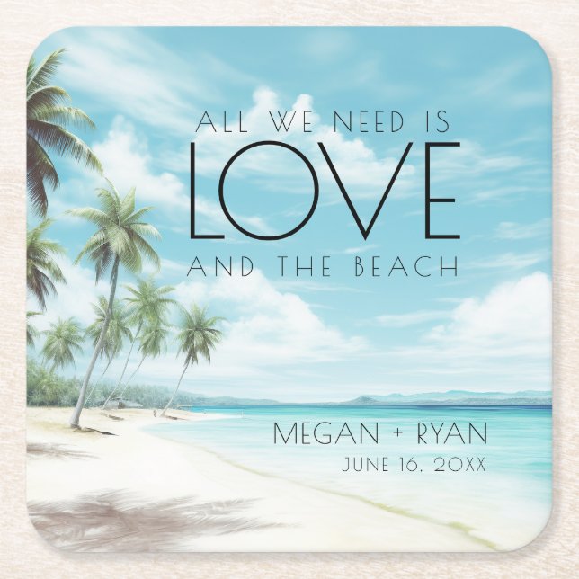 Love and the Beach Wedding  Square Paper Coaster (Front)