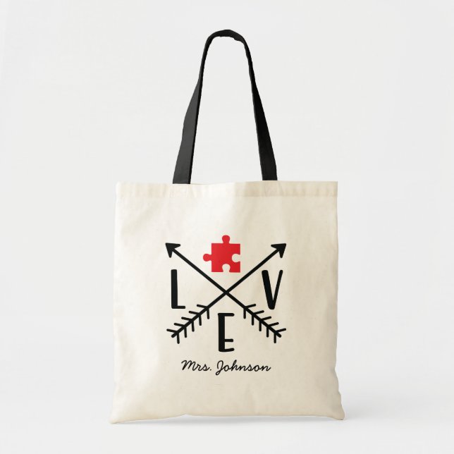 Love Arrows Puzzle Piece | Autism Teacher Tote Bag (Front)
