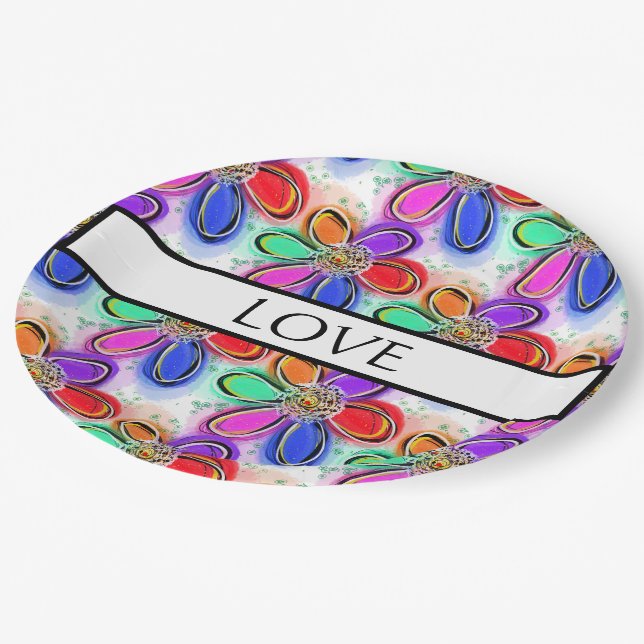 Love Artsy Colourful Watercolor Flowers Paper Plate (Angled)