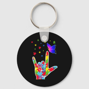 Love ASL Sign Language Puzzle Butterfly Autism Awa Key Ring