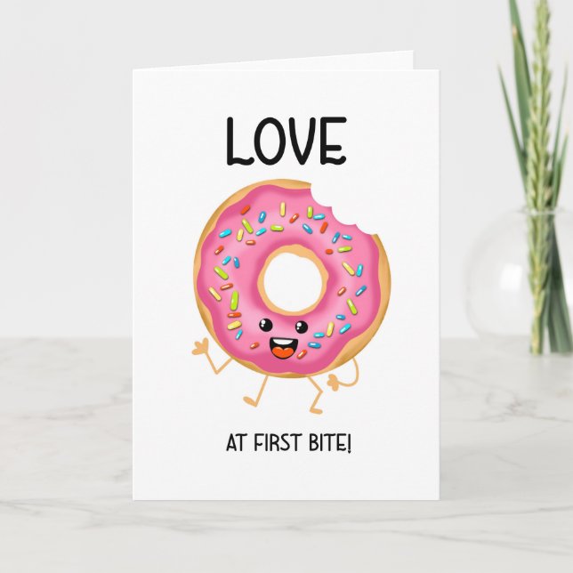 Love at first bite anniversary doughnut Valentines Card (Front)