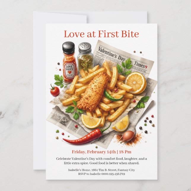Love at First Bite Fish and Chips Valentine's  Invitation (Front)