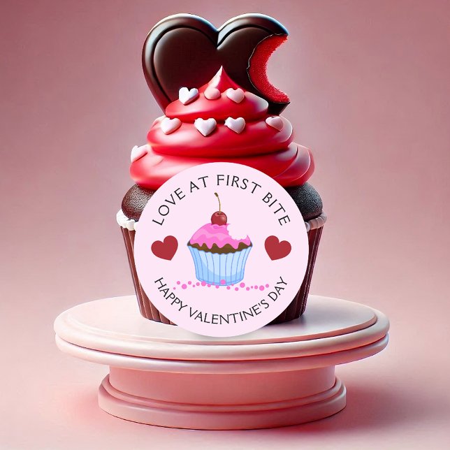 Love at First Bite Happy Valentine's Day Cupcake Classic Round Sticker (Love at first bite, or other text, Valentine's Day or other event packaging sticker.)