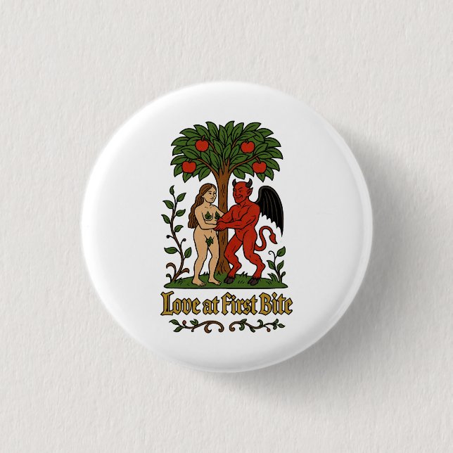 Love at First Bite – Mediaeval Devil & Eve Meme 3 Cm Round Badge (Front)