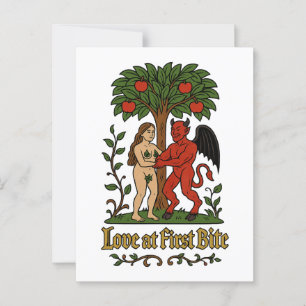 Love at First Bite – Mediaeval Devil & Eve Meme Postcard