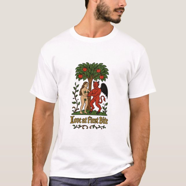 Love at First Bite – Mediaeval Devil & Eve Meme T-Shirt (Front)