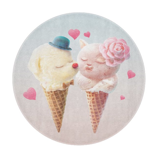 Love at First Lick: Bichon & Cat Ice Cream Art Cutting Board (Front)