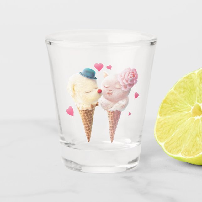 Love at First Lick: Bichon & Cat Ice Cream Art Shot Glass (Front)
