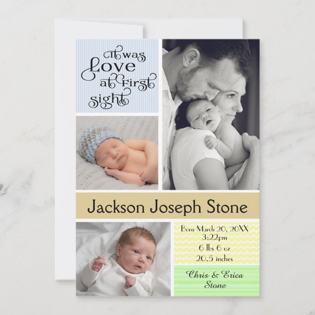 Love at First Sight Colourful Collage - Boy Announcement (Front)