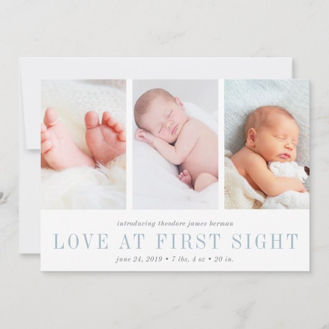 Love at First Sight Three Photo Birth Announcement (Front)