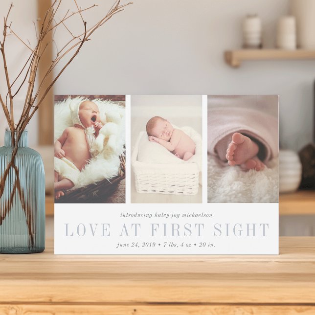 Love at First Sight Three Photo Birth Announcement (Creator Uploaded)