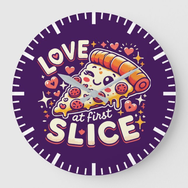Love at First Slice, Cute Funny Pizza Lover Humour Large Clock (Front)