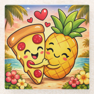 Love at First Slice - Pizza Meets Pineapple Glass Coaster