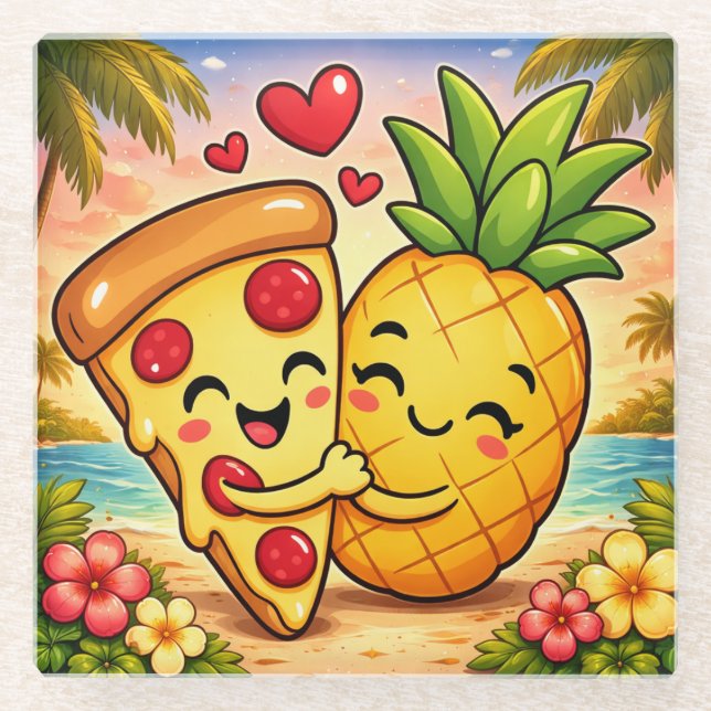 Love at First Slice - Pizza Meets Pineapple Glass Coaster (Front)