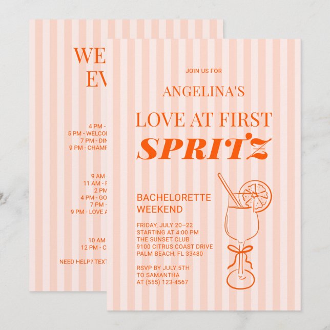 Love at First Spritz Bachelorette Party Weekend Invitation (Front/Back)