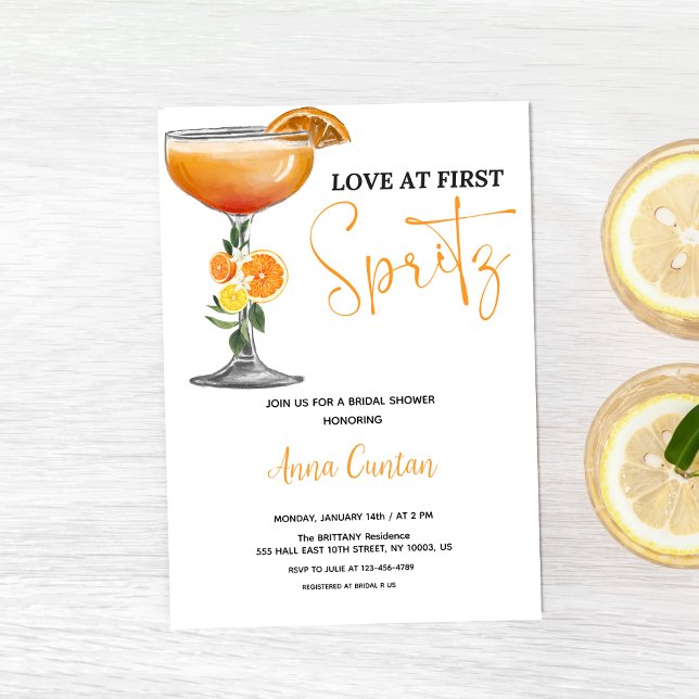 Love at First Spritz Bridal Shower Cocktail Drink Invitation (Love at First Spritz Lemon Cocktail Bridal Shower)