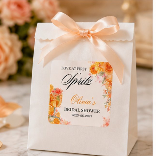 Love at First Spritz Bridal Shower  Square Sticker (Watercolor Love at First Spritz Bridal Shower Classic Round Sticker)