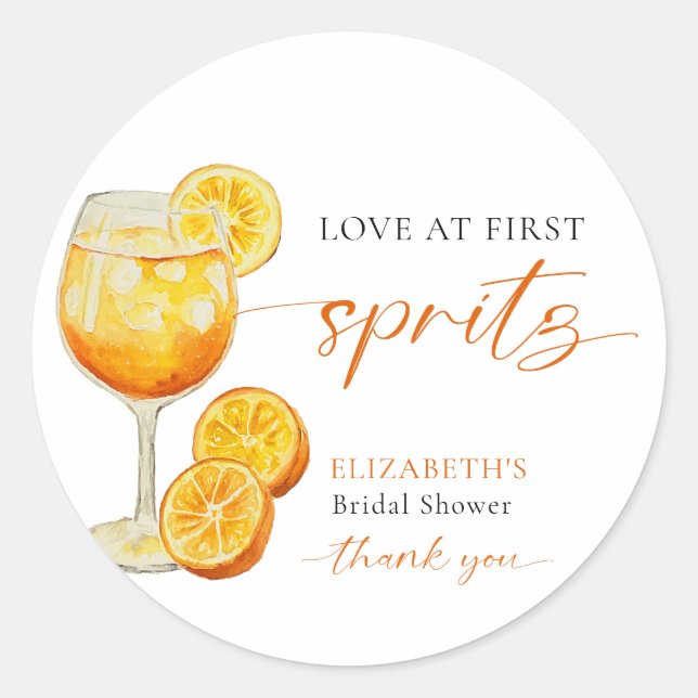Love at First Spritz Bridal Shower Welcome Custom Classic Round Sticker (Front)
