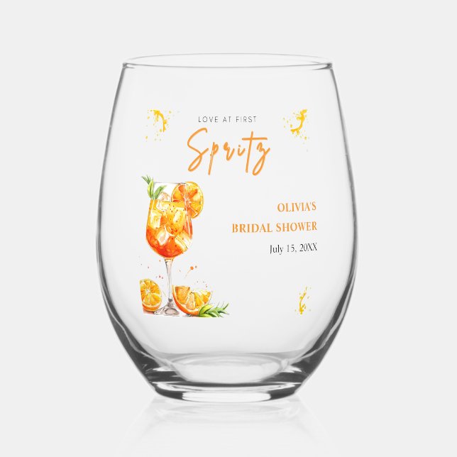 Love at First Spritz Cocktail Orange Bridal Shower Stemless Wine Glass (Front)