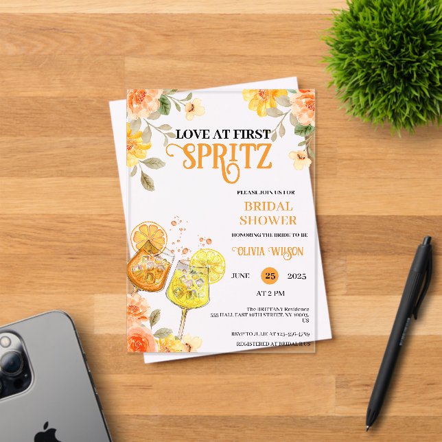 Love at First Spritz Floral Cocktail Bridal Shower Acrylic Invitations (Insitu (Invitation Card))