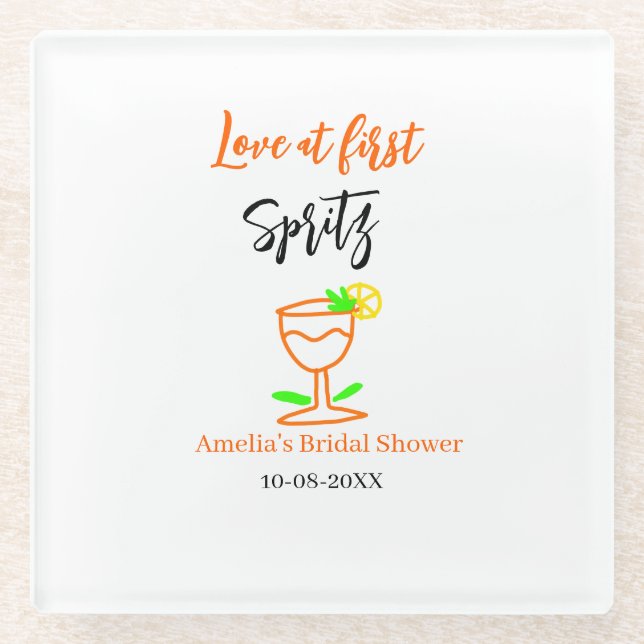 Love at first spritz orange black bridal shower gl glass coaster (Front)